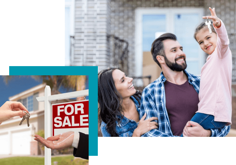 A group of people standing in front of a house.